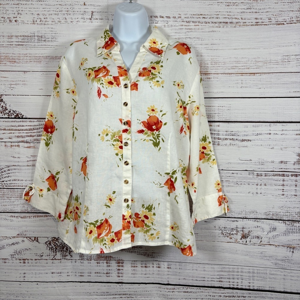 JM Collection White Floral 100% Linen Button Shirt
